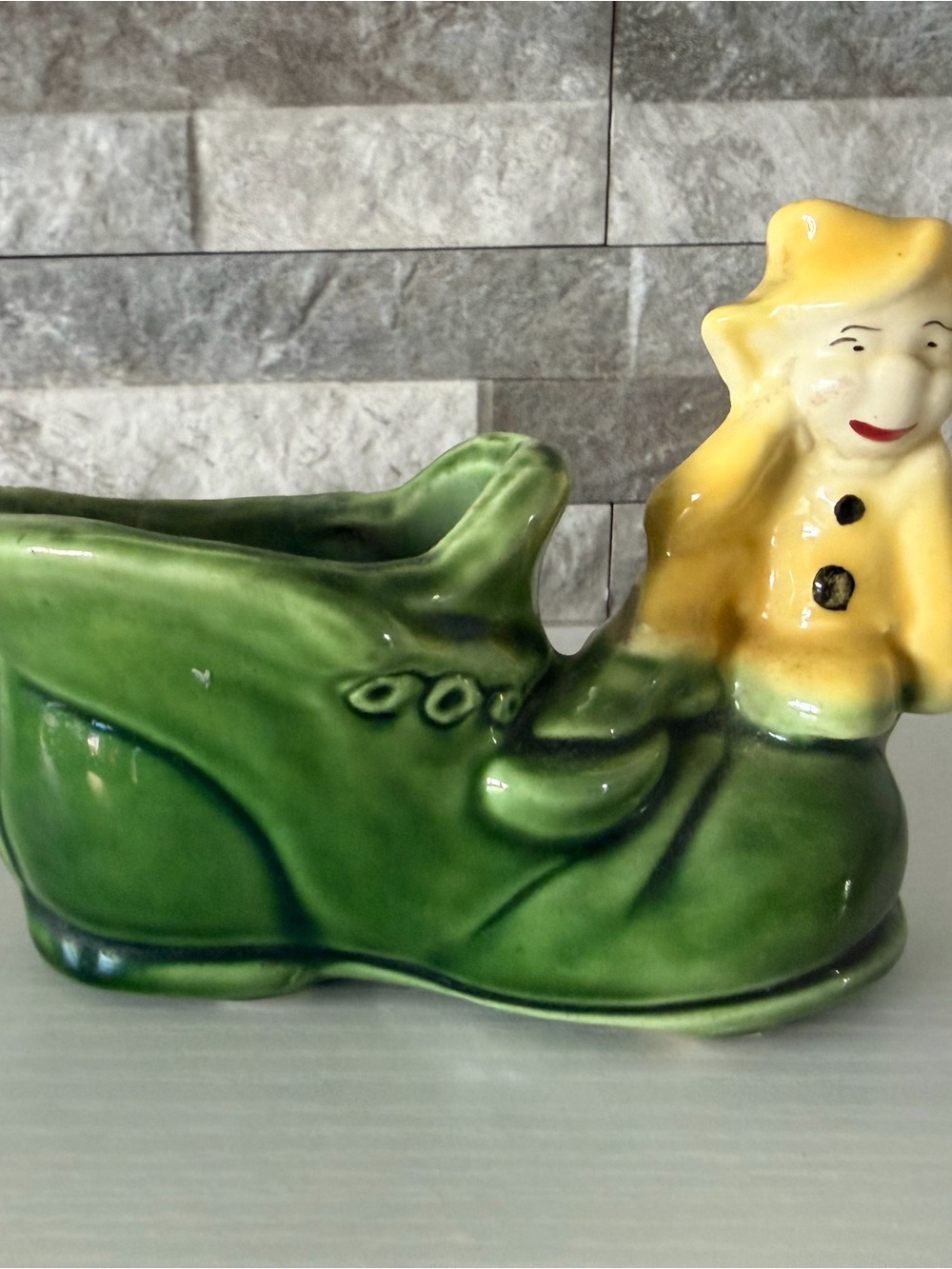 Vintage Pixie Boot Planter 1950s Midcentury Elf Figurine Yellow Suit on Shoe
